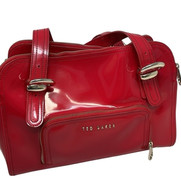 TED BAKER Purse Red Patent Bag Pockets Zip Gold Tone Hardware Satchel - Picture 7 of 14